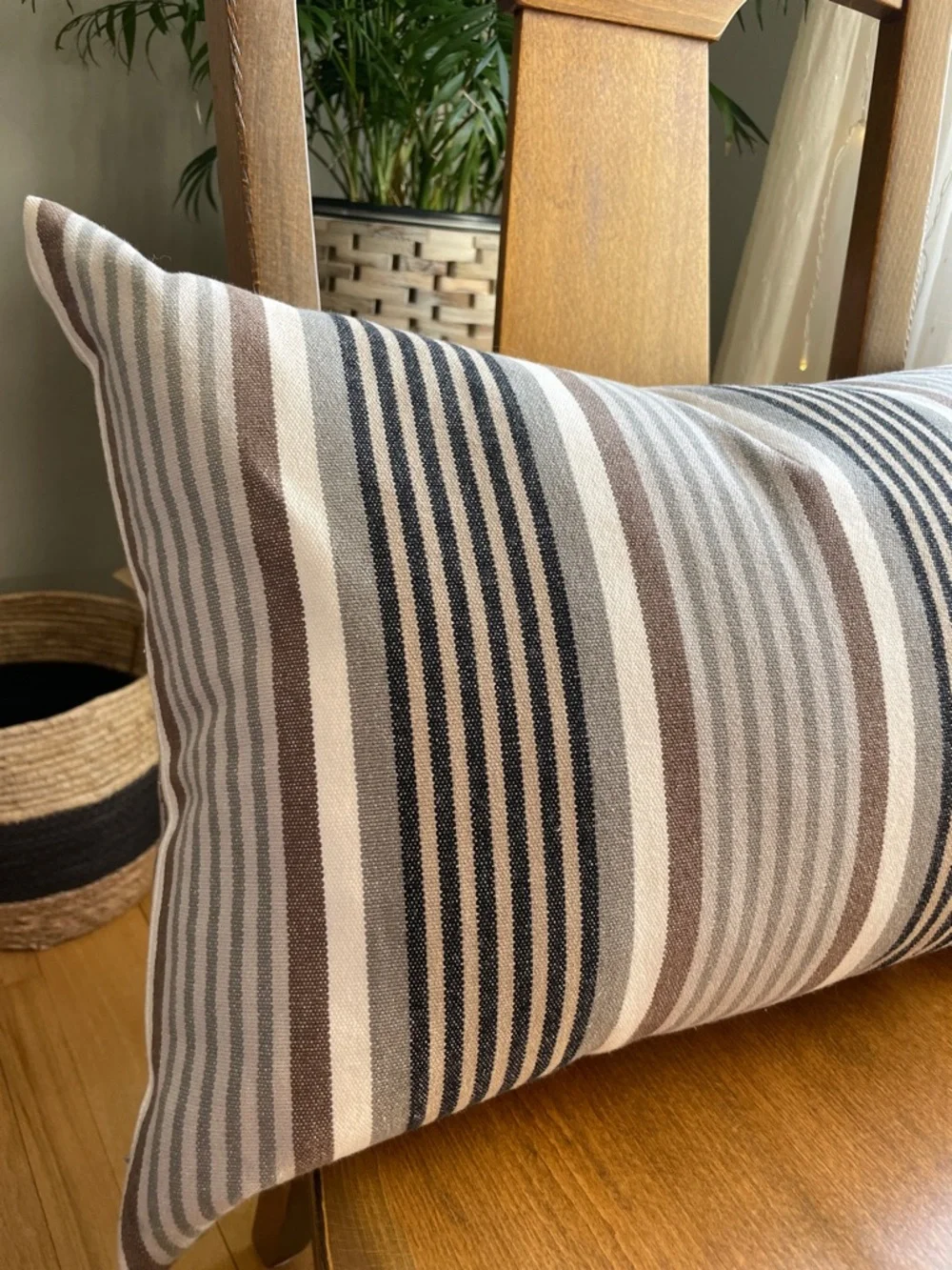 IKEA Striped Lumbar Pillow in Brown, Gray, and White